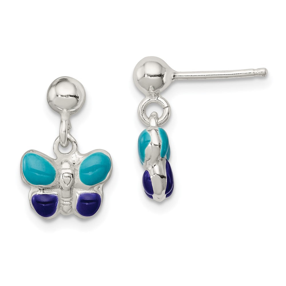 Sterling Silver Childrens Blue/Purple Enamel Butterfly Post Dangle Earrings (1.6 grams)