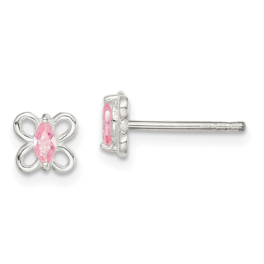 Sterling Silver Polished Pink CZ Butterfly Children's Post Earrings (0.69 grams)