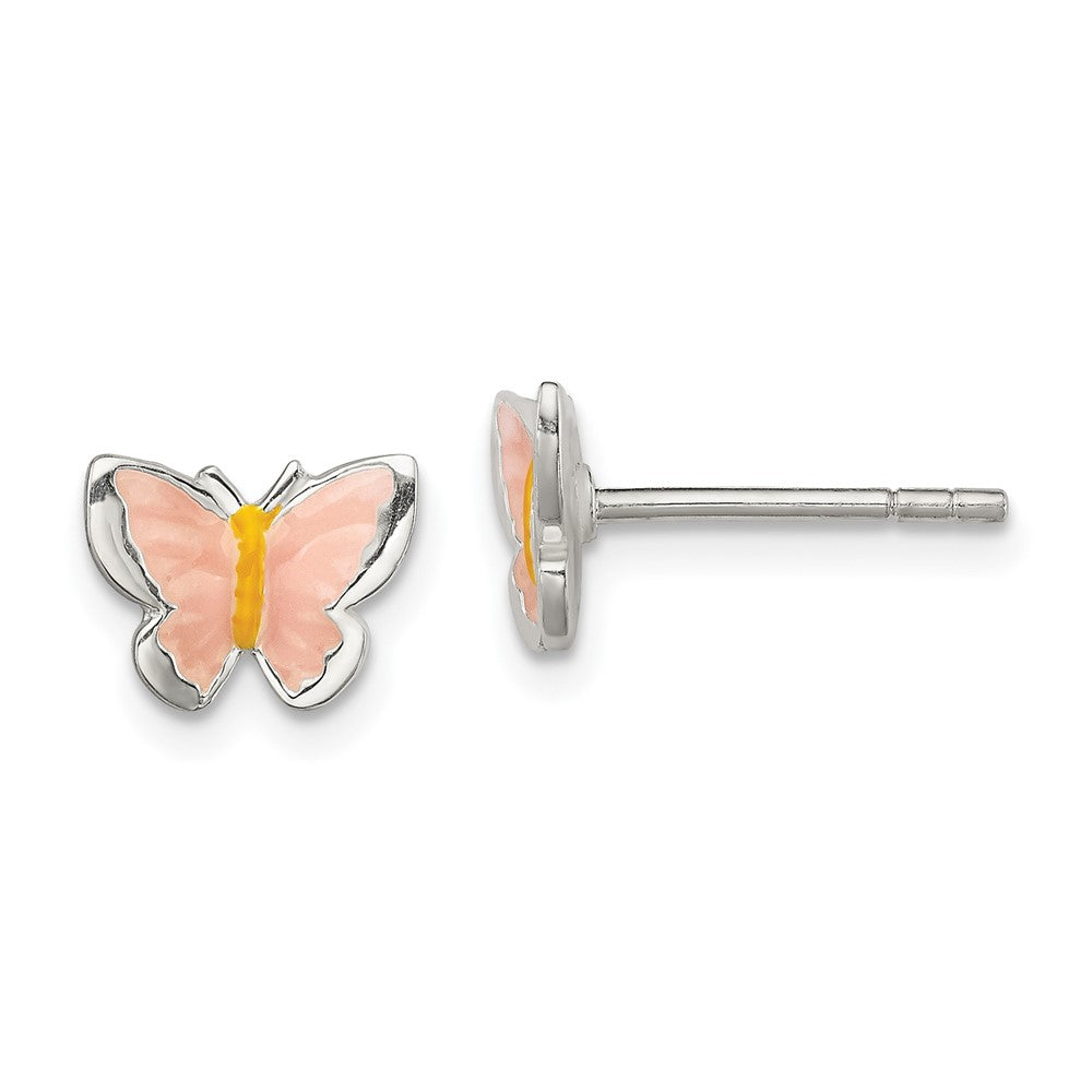 Sterling Silver Pink/Orange Enamel Butterfly Children's Post Earrings (0.98 grams)