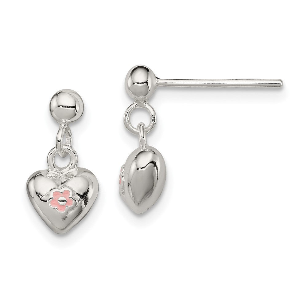 Sterling Silver Pink Enamel Flower Heart Children's Post Dangle Earrings (1.56 grams)