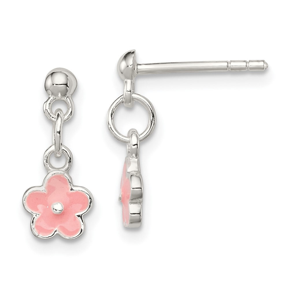 Sterling Silver Pink Enameled Flower Children's Post Dangle Earrings (1.11 grams)