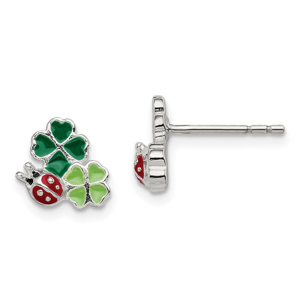 Sterling Silver Enamel Ladybug & Clovers Children's Post Earrings (1.27 grams)