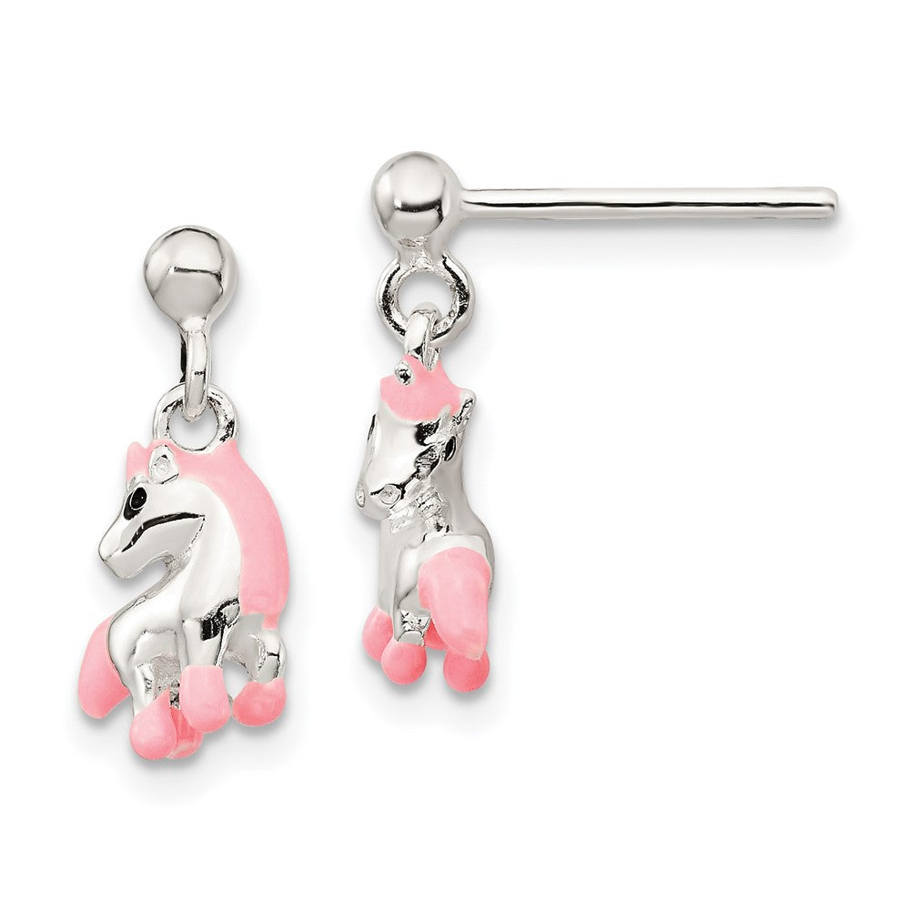 Sterling Silver Pink Enamel Horse Children's Post Dangle Earrings (2.27 grams)