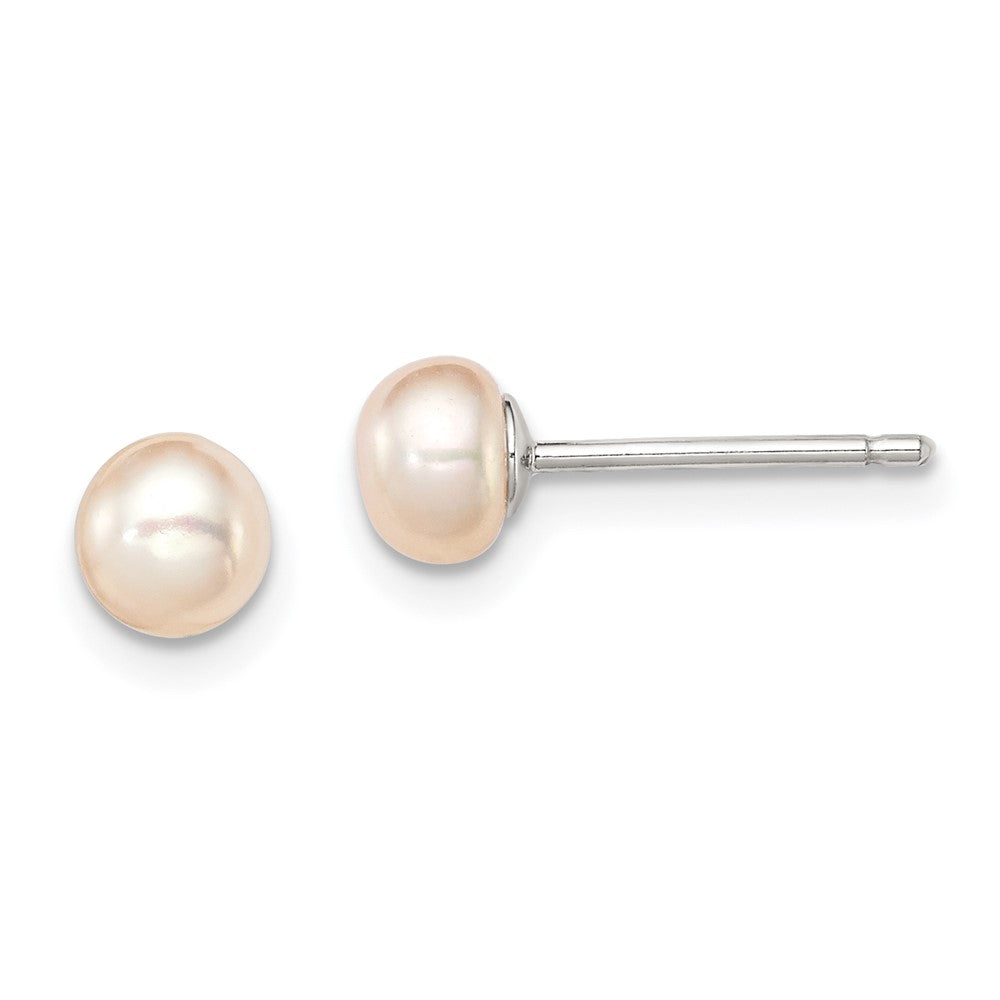 Sterling Silver RH-plated 4-5mm Pink Button FWC Pearl Post Earrings (0.14 grams)