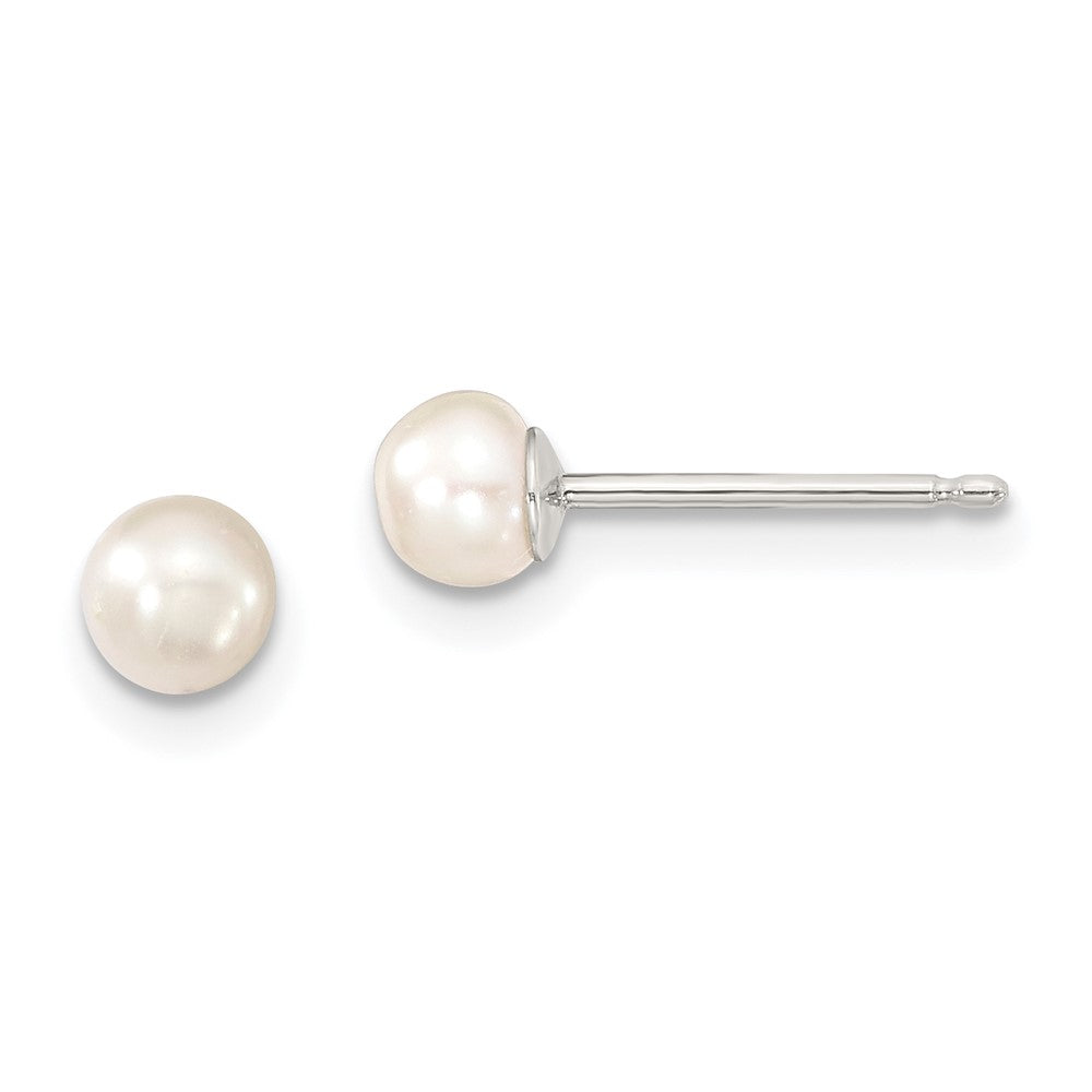 Sterling Silver RH-plate 4-5mm White Button FWC Pearl Post Earrings (0.14 grams)