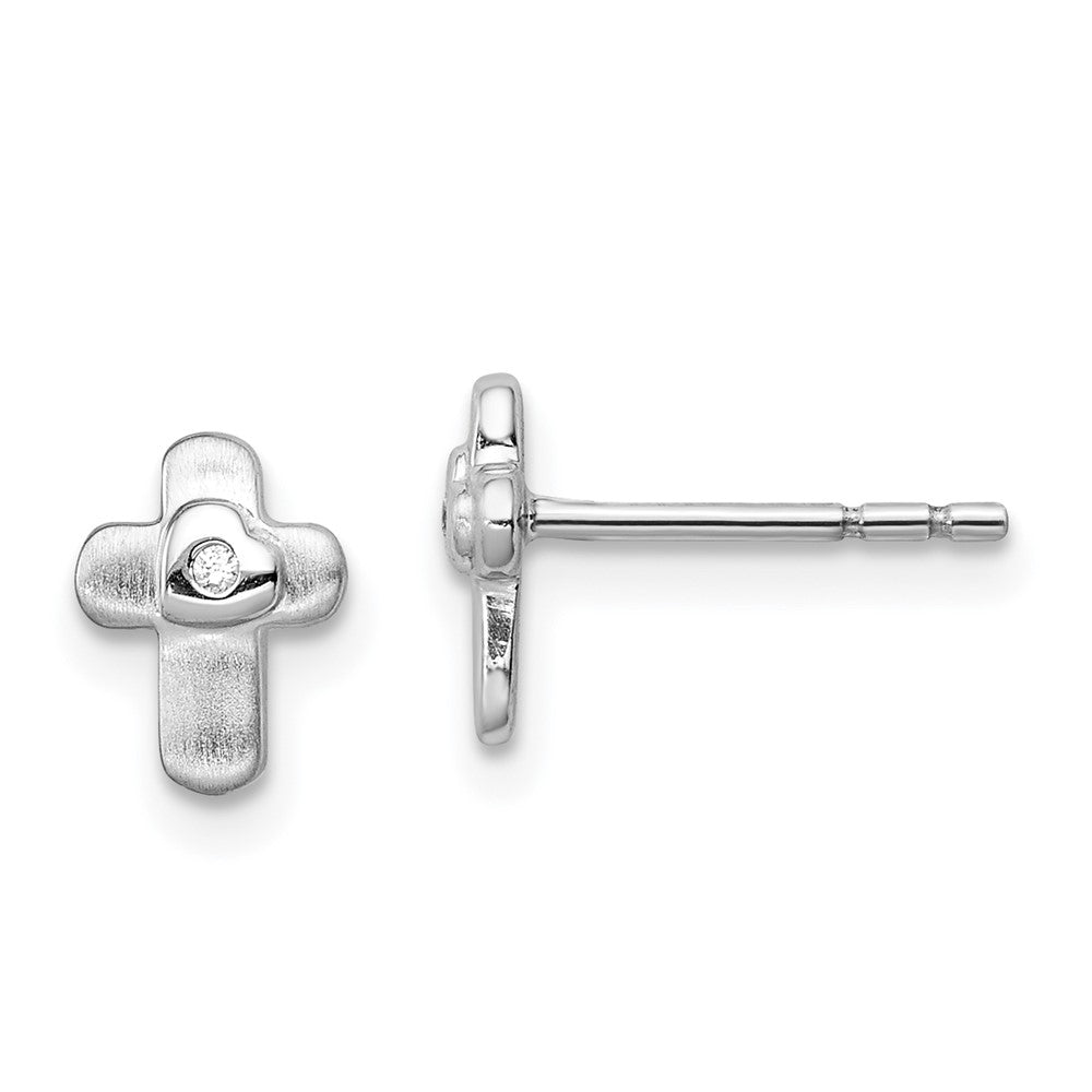 Sterling Silver RH-plated Polished CZ Cross Children's Post Earrings (0.87 grams)