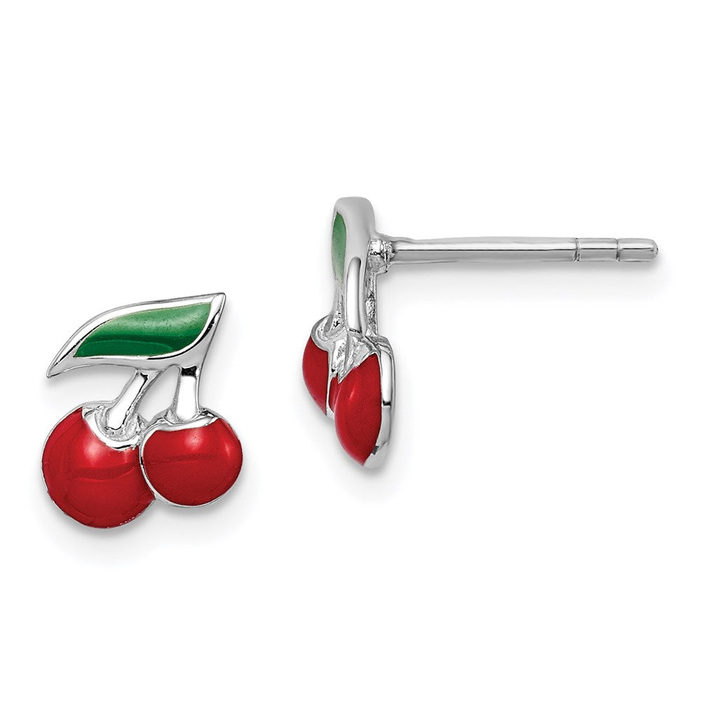 Sterling Silver Rhodium-plated Childs Enameled Cherry Post Earrings (1.13 grams)