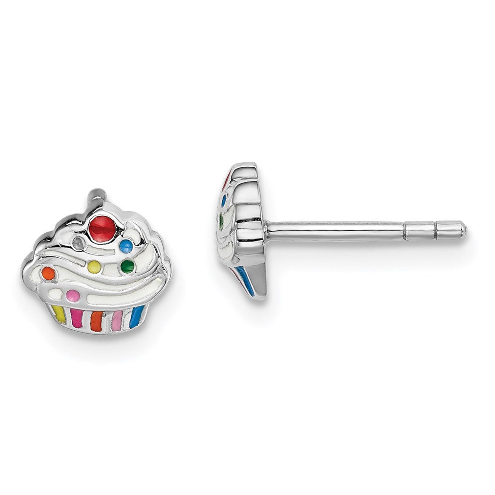 Sterling Silver Rhodium-plated Childs Enameled Cupcake Post Earrings (1.13 grams)