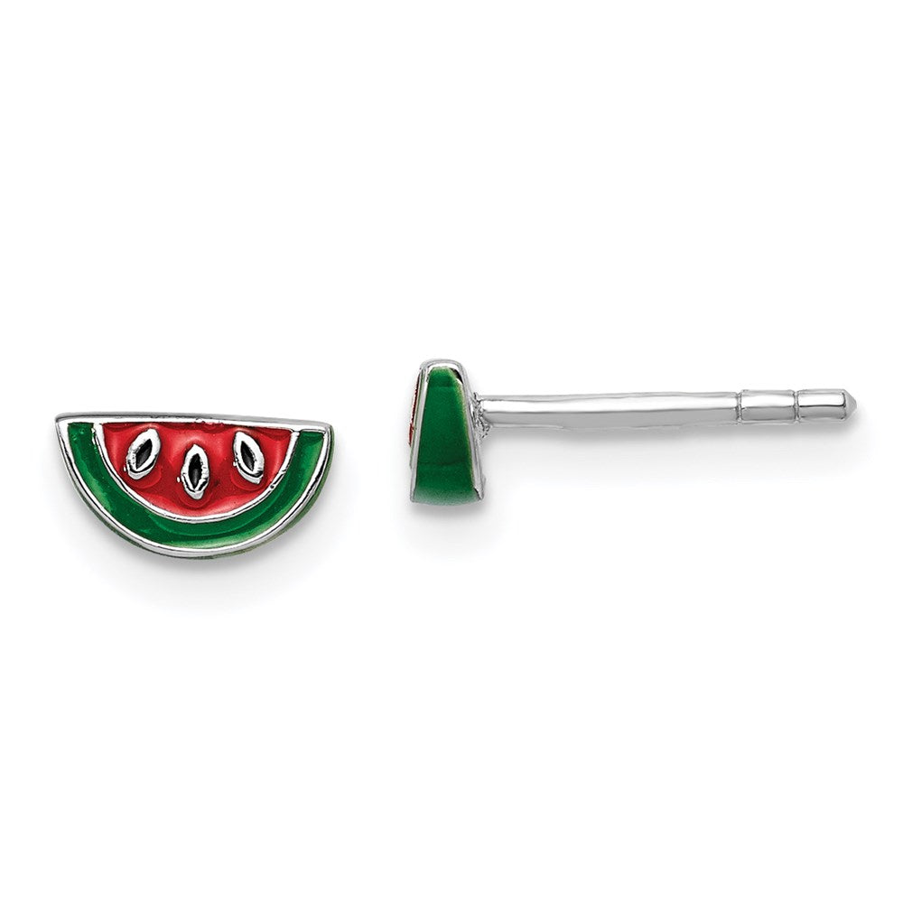 Sterling Silver RH-plated Enameled Watermelon Childs Post Earrings (0.83 grams)