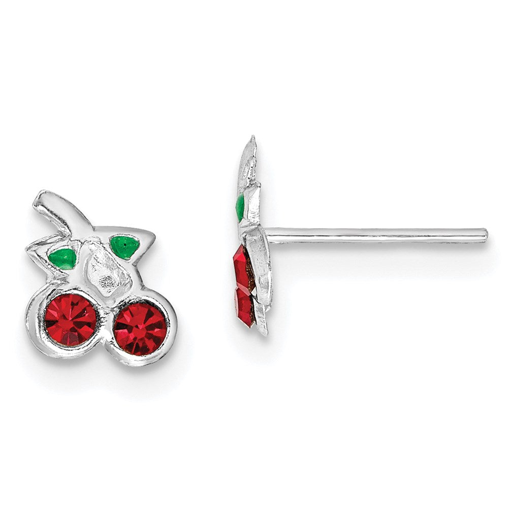 Sterling Silver RH-plated Red & Green Crystal Cherries Post Earrings (0.3 grams)