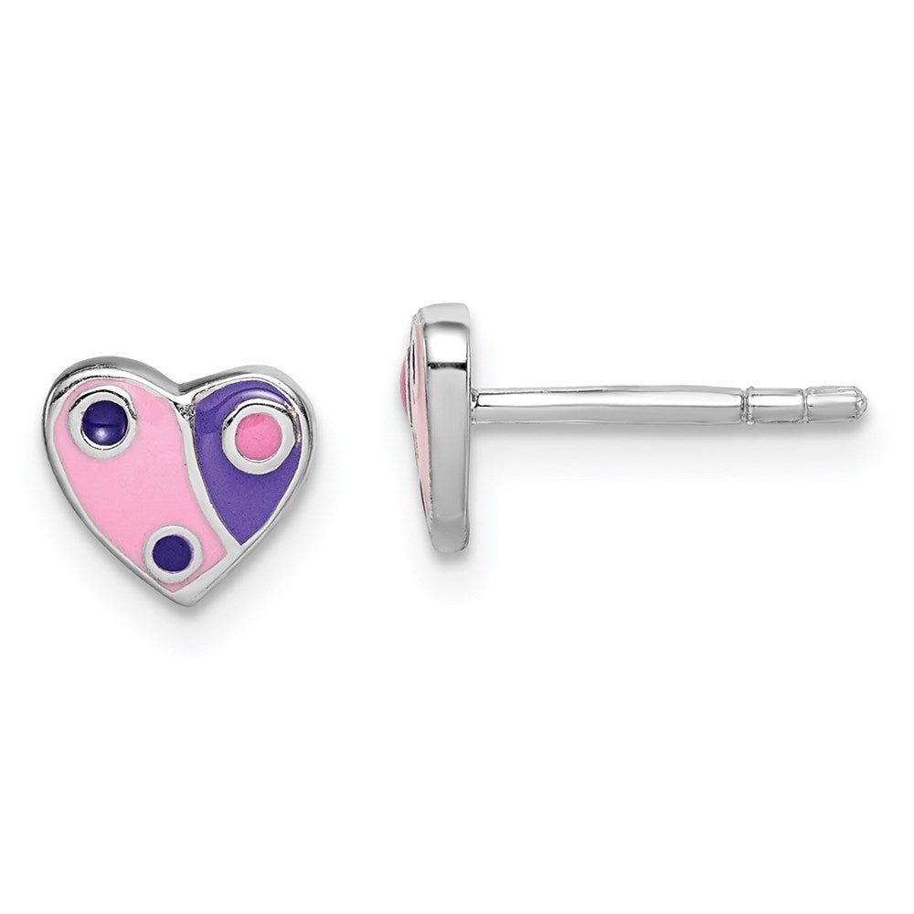 Sterling Silver RH-plated Pink & Purple Enameled Heart Post Earrings (0.94 grams)