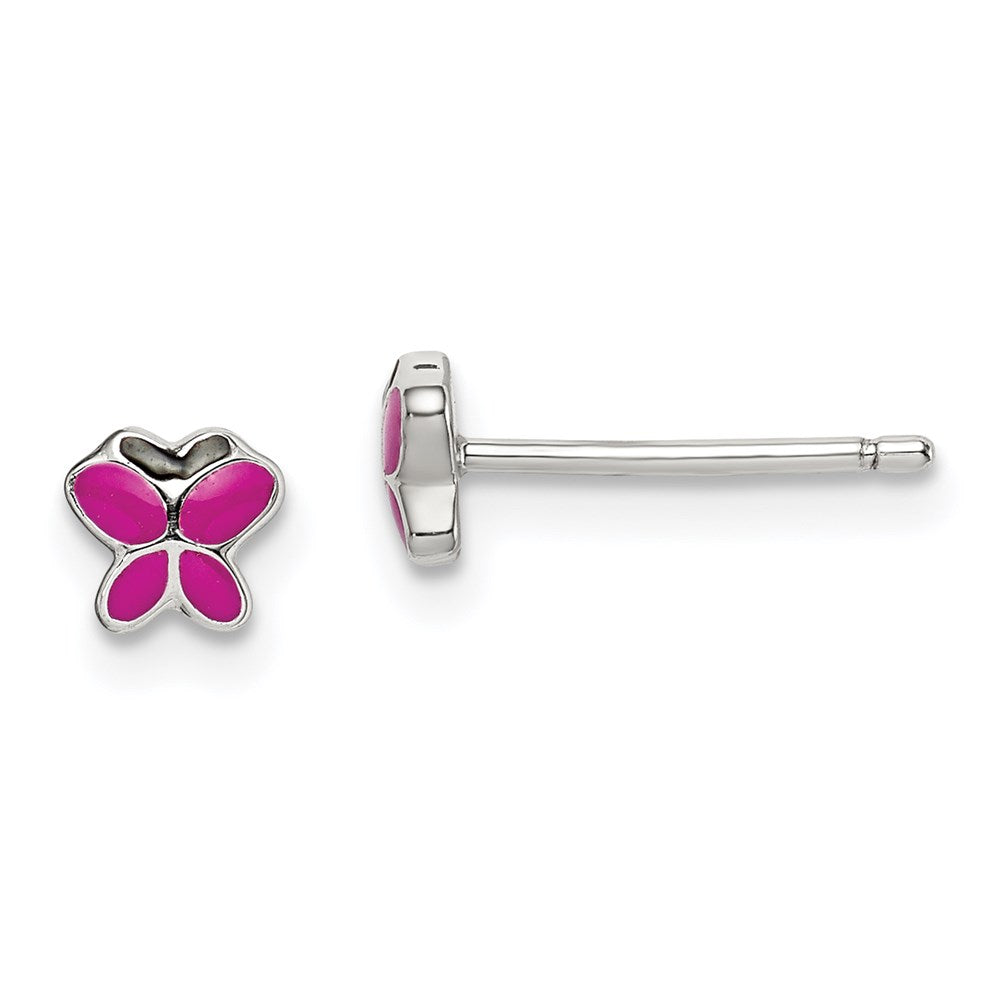 Sterling Silver RH-pltd Pink/Black Enamel Butterfly Childs Post Earrings (0.67 grams)