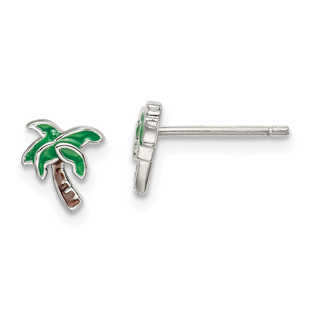 Sterling Silver Rhodium-plated Polished Enameled Palm Tree Post Earrings (0.87 grams)