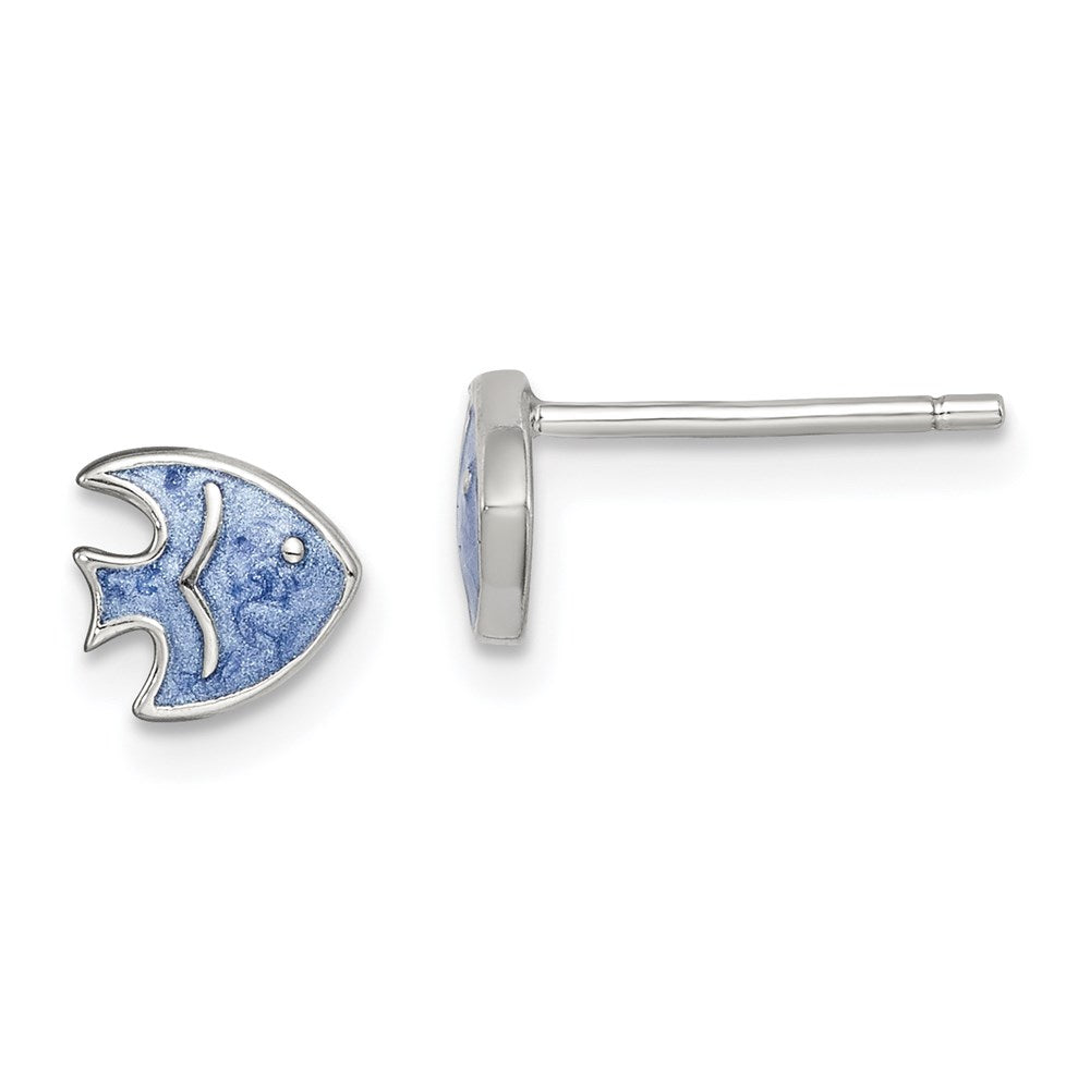 Sterling Silver RH-pltd Polished Blue Enameled Fish Childs Post Earrings (0.89 grams)