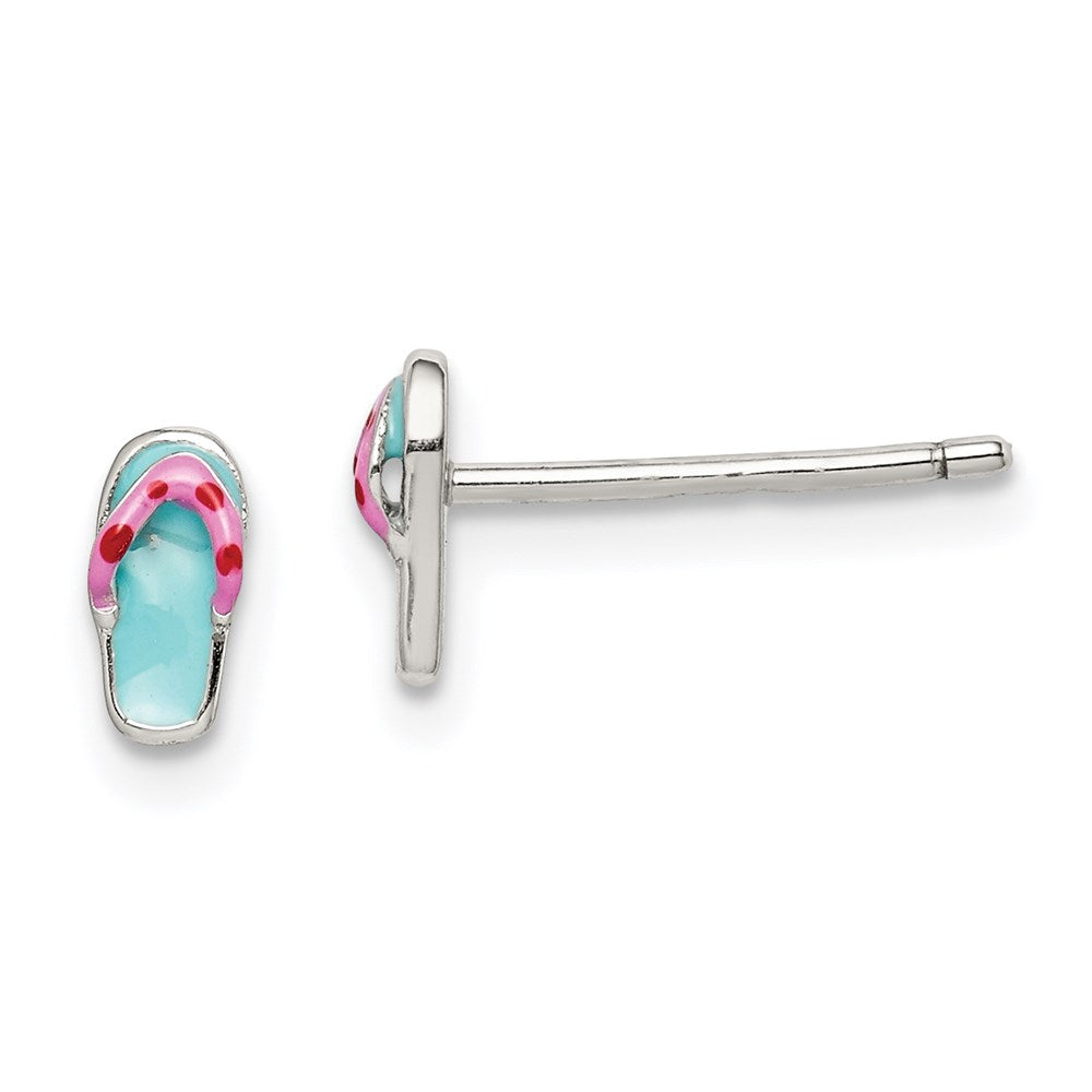 Sterling Silver RH-pltd Teal & Pink Enamel Flip Flop Childs Post Earrings (0.46 grams)