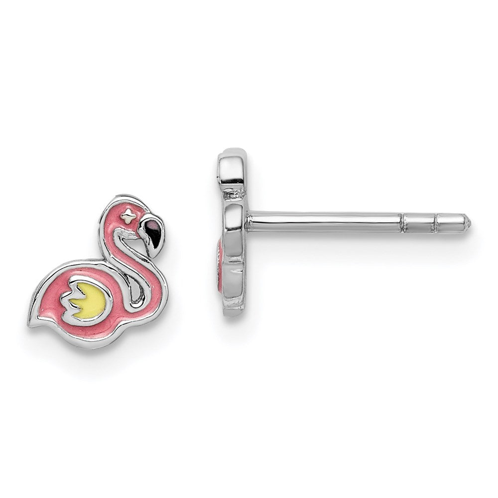 Sterling Silver Rhodium-plated Childs Enameled Flamingo Post Earrings (0.83 grams)