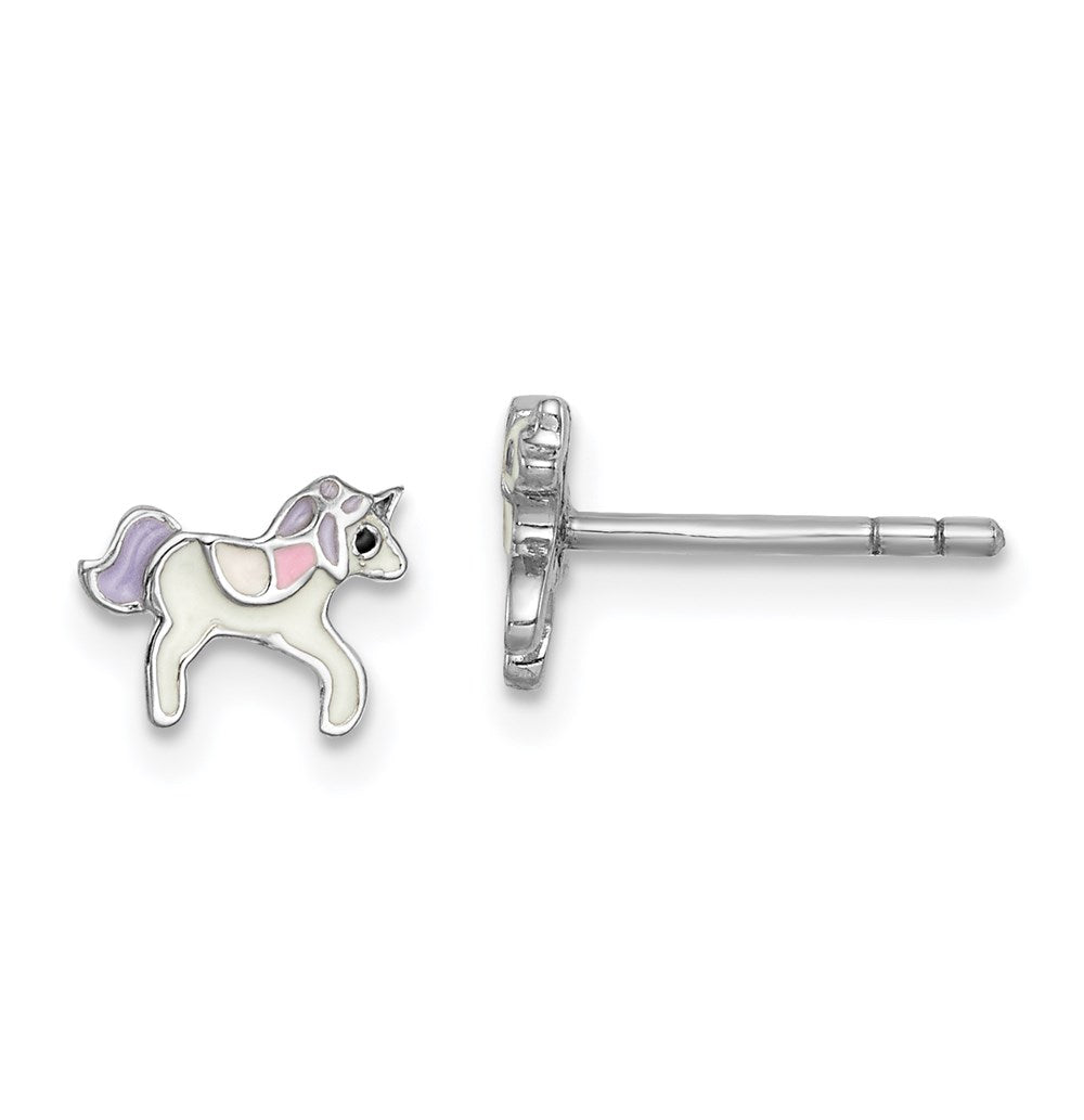 Sterling Silver Rhodium-plated Childs Enameled Unicorn Post Earrings (0.73 grams)