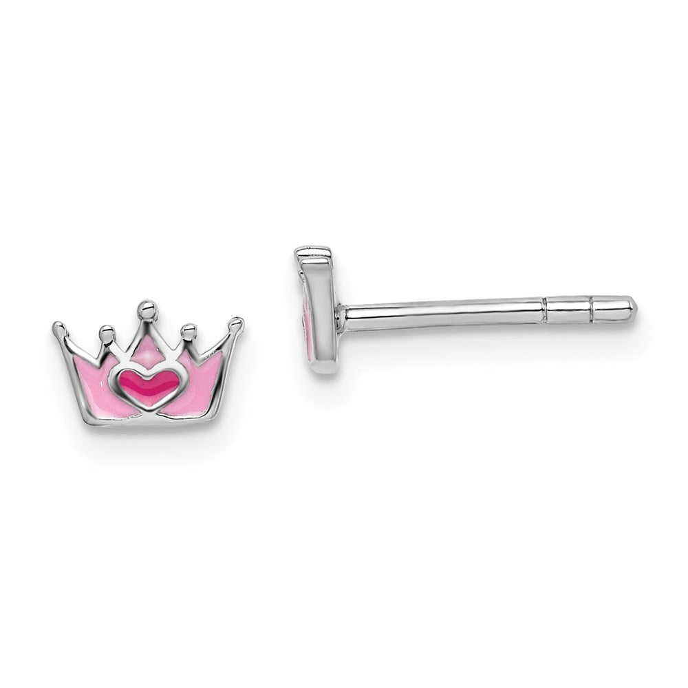 Sterling Silver RH-plated Enameled Pink Crown Children's Post Earrings (0.64 grams)