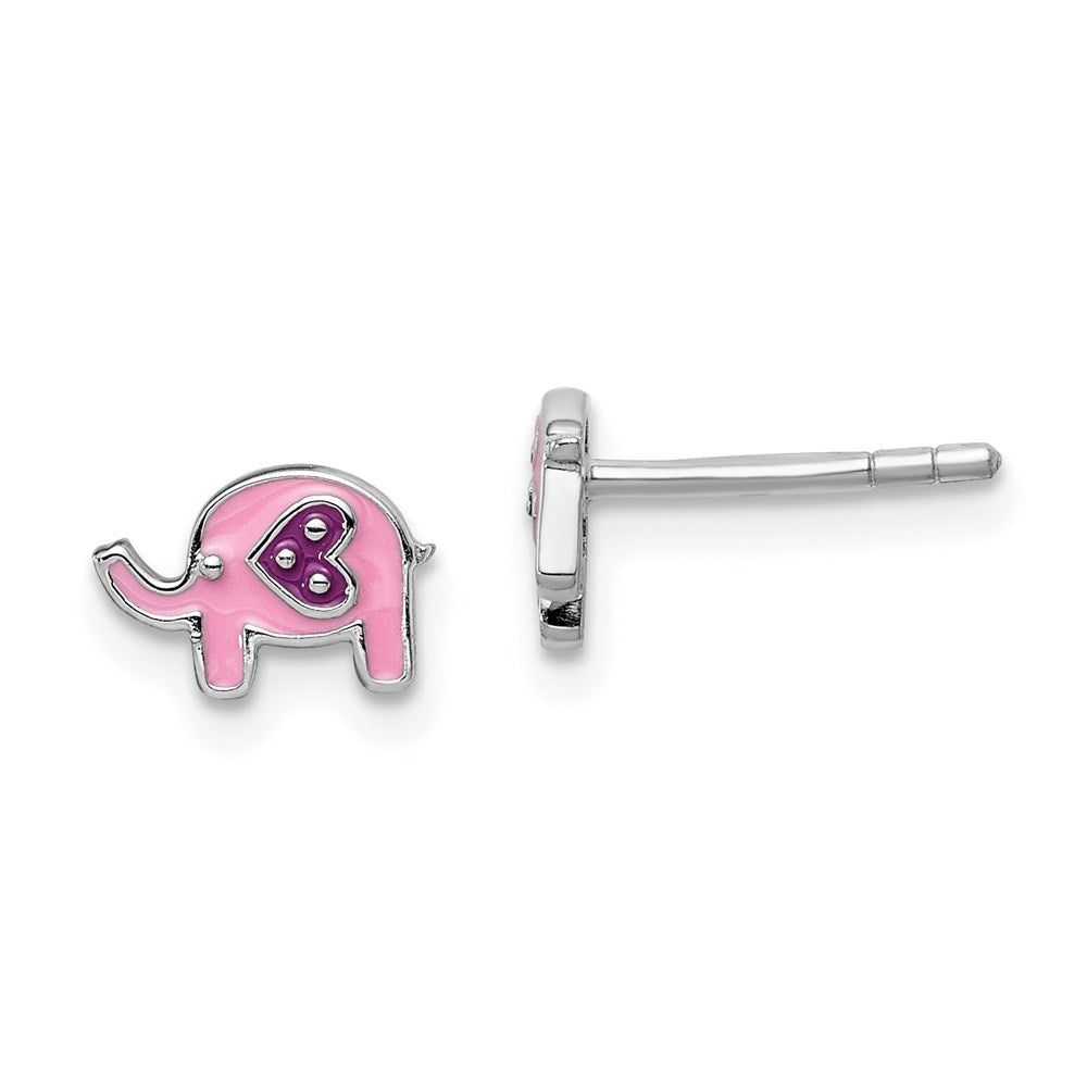 Sterling Silver RH-plated Childs Enameled Pink Elephant Post Earrings (0.78 grams)