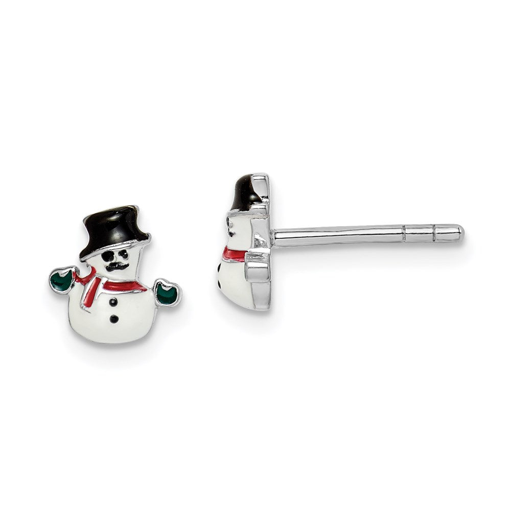 Sterling Silver RH-plated Childs Enameled Snowman Post Earrings (1.06 grams)