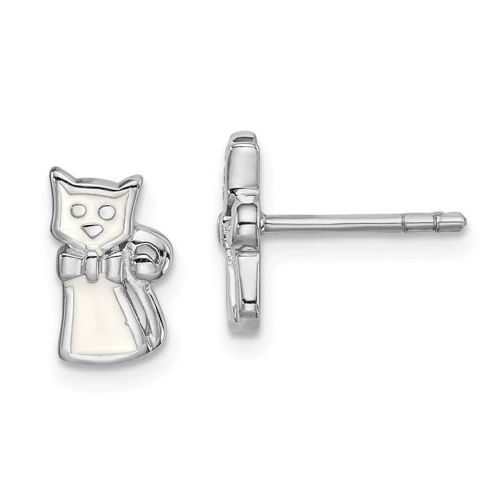 Sterling Silver RH-plated White Enamel Cat Children's Post Earrings (1.3 grams)