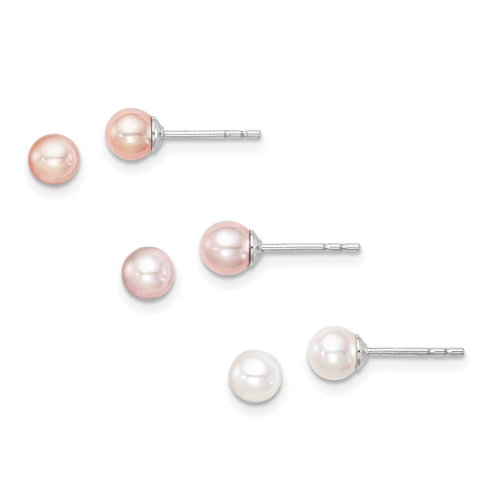 SS Madi K RH-pltd 4-5mm White/Pink/Purple FWC Pearl Stud Earrings Set (0.41 grams)