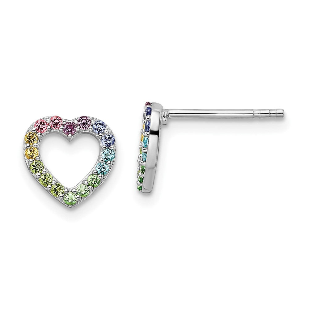 Sterling Silver RH-plated Rainbow Crystal Open Heart Post Earrings (1.02 grams)