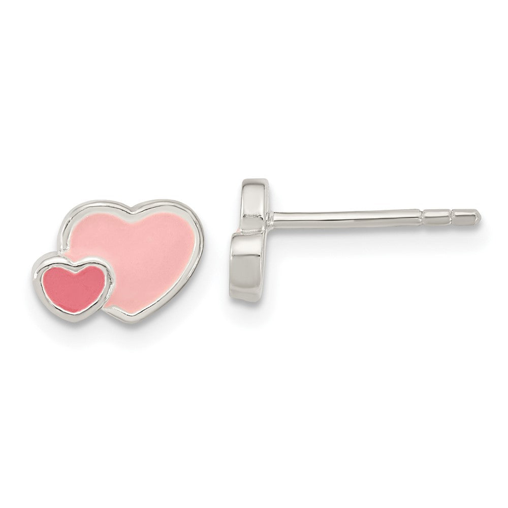 Sterling Silver Rhodium-plated Pink Enamel Double Heart Post Earrings (1.24 grams)