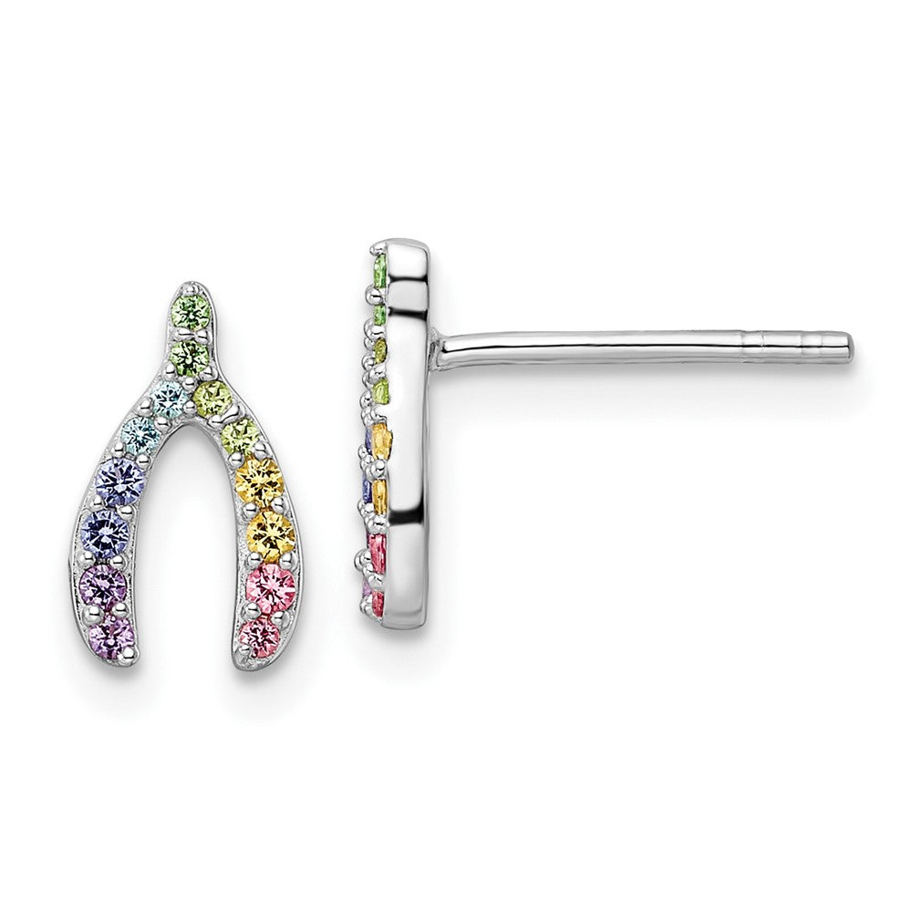 Sterling Silver RH-plated Rainbow Crystal Wishbone Post Earrings (0.83 grams)