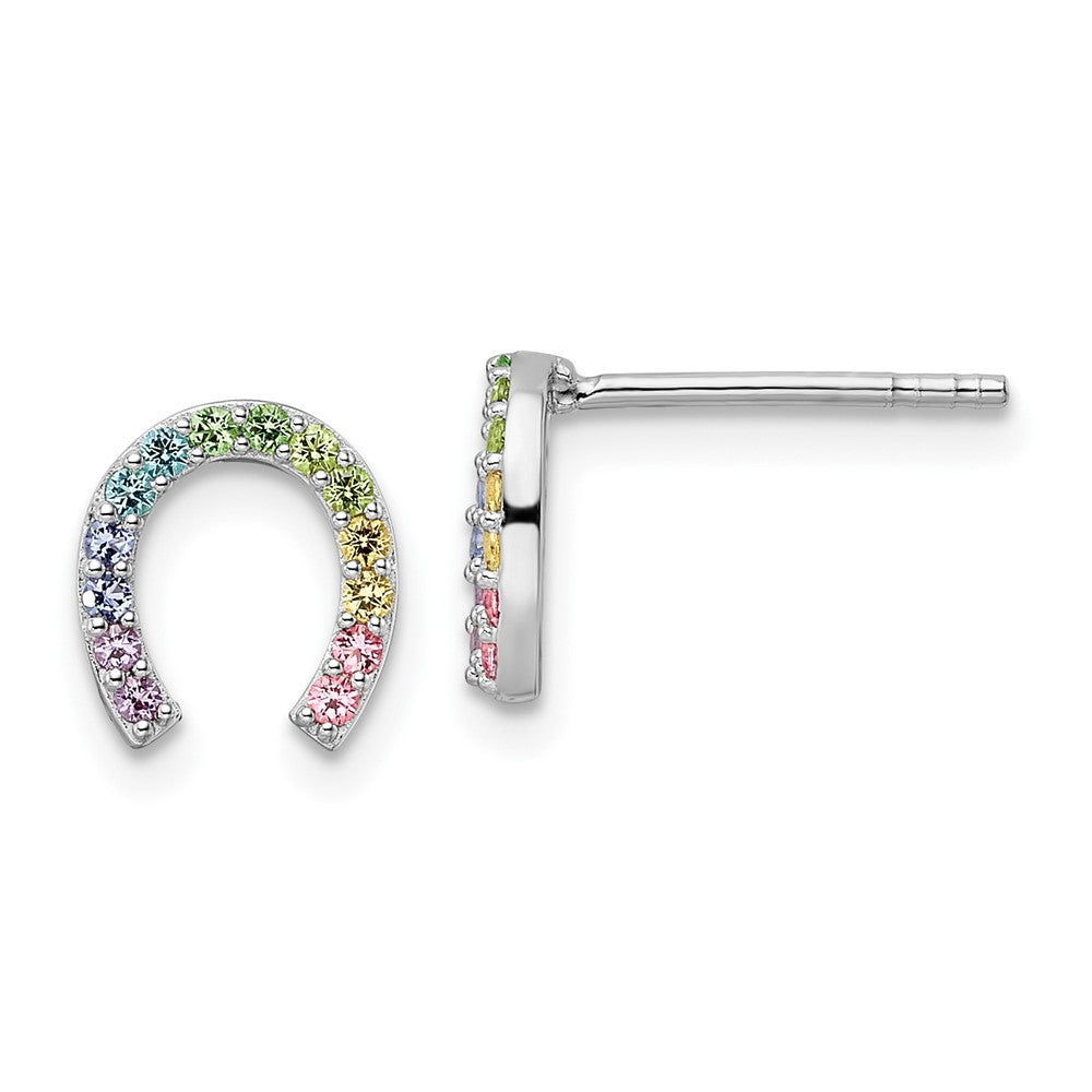 Sterling Silver RH-plated Rainbow Crystal Horseshoe Post Earrings (0.89 grams)