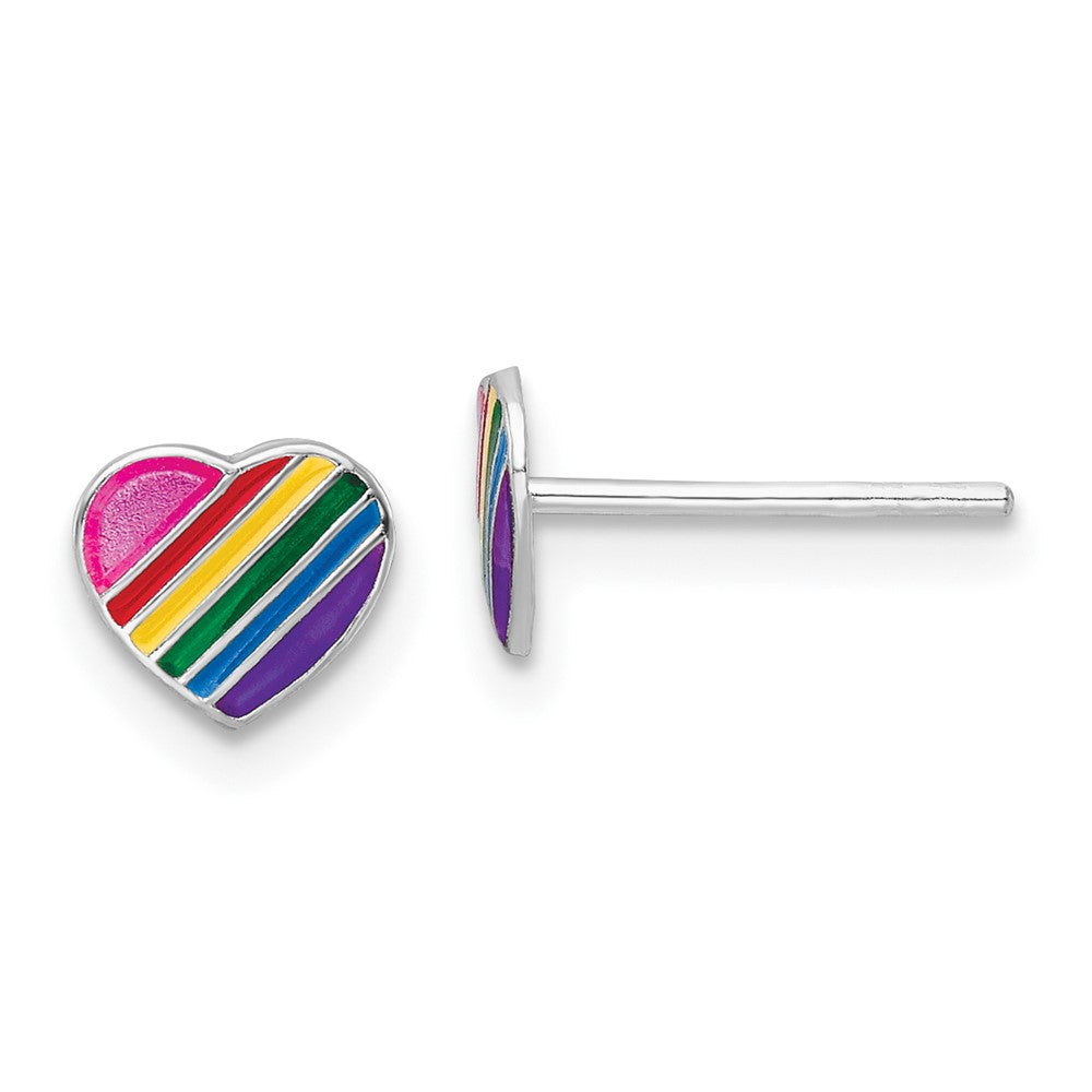 Sterling Silver RH-plated Rainbow Enamel Heart Children's Post Earrings (0.44 grams)