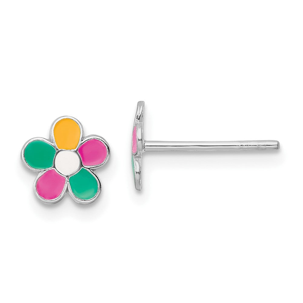 Sterling Silver RH-plated Enameled Flower Children's Post Earrings (0.45 grams)