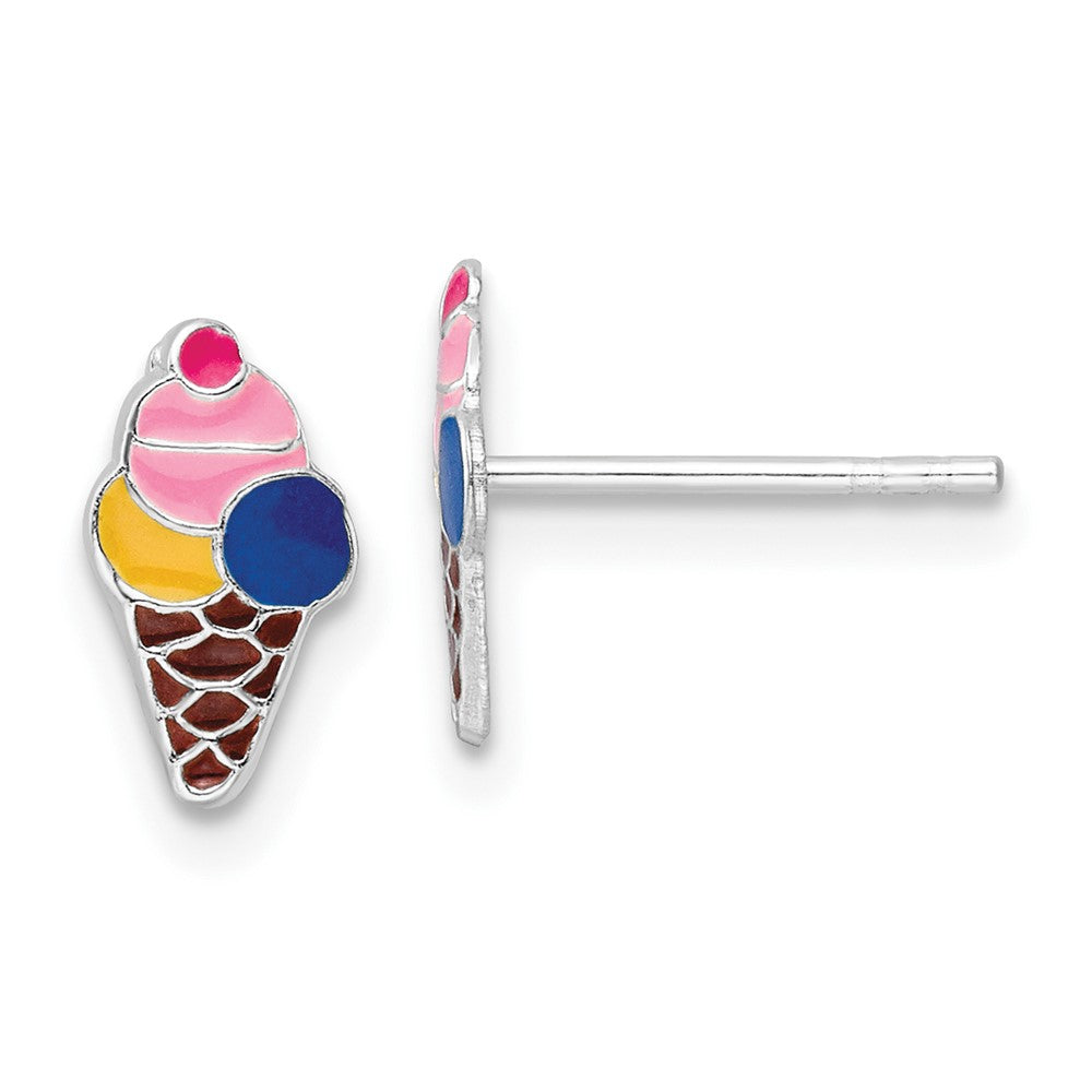 Sterling Silver RH-plated Enamel Kids Ice Cream Cone Post Earrings (0.44 grams)