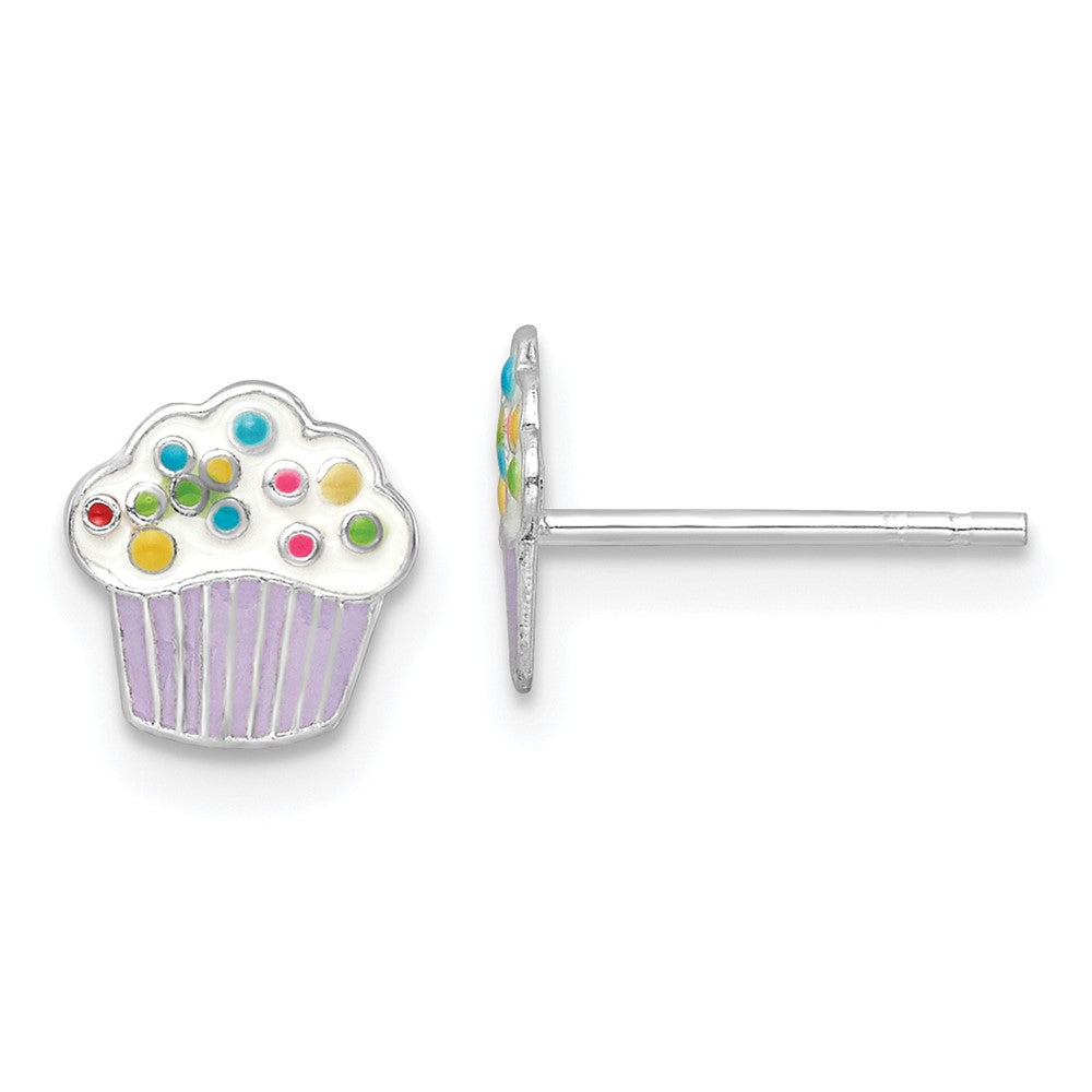 Sterling Silver RH-plated Enamel Cupcake Children's Post Earrings (0.49 grams)