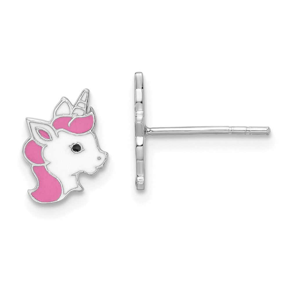 Sterling Silver Rhodium-plated Enamel Unicorn Post Earrings (0.63 grams)