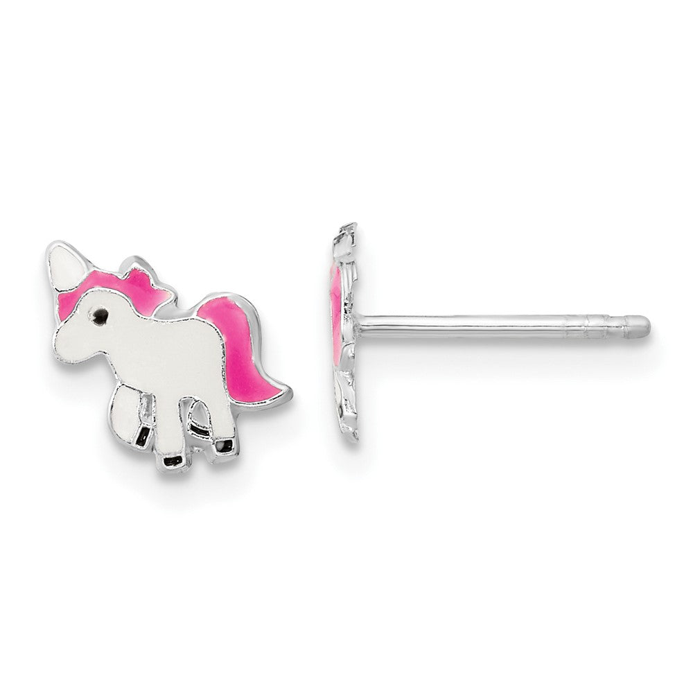 Sterling Silver RH-plated Polished Enameled Unicorn Post Earrings (0.49 grams)