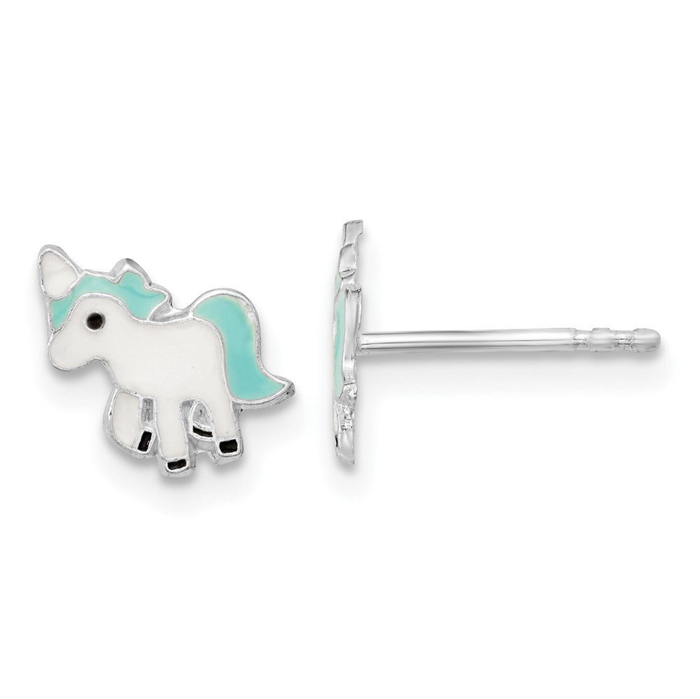 Sterling Silver Rhodium-plated Polished Enameled Unicorn Post Earrings (0.49 grams)