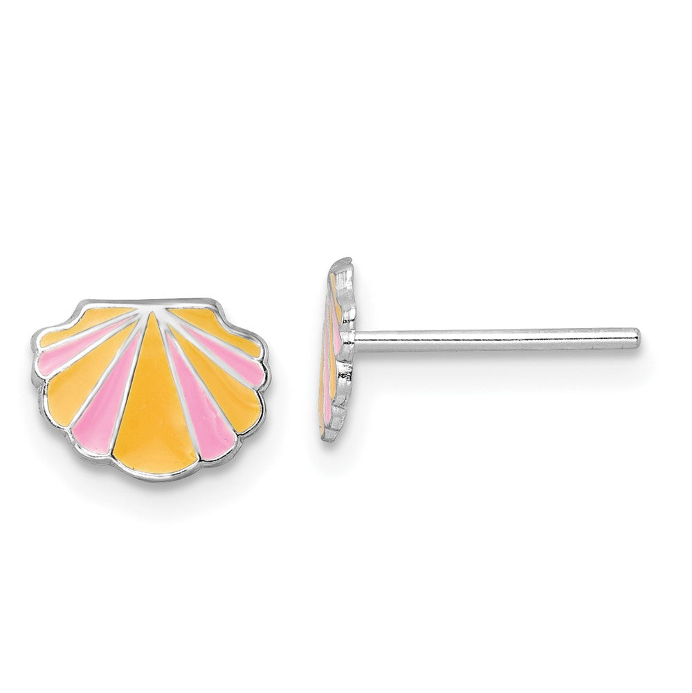 Sterling Silver RH-plated Pink/Orange Enamel Shell Children's Post Earrings (0.52 grams)