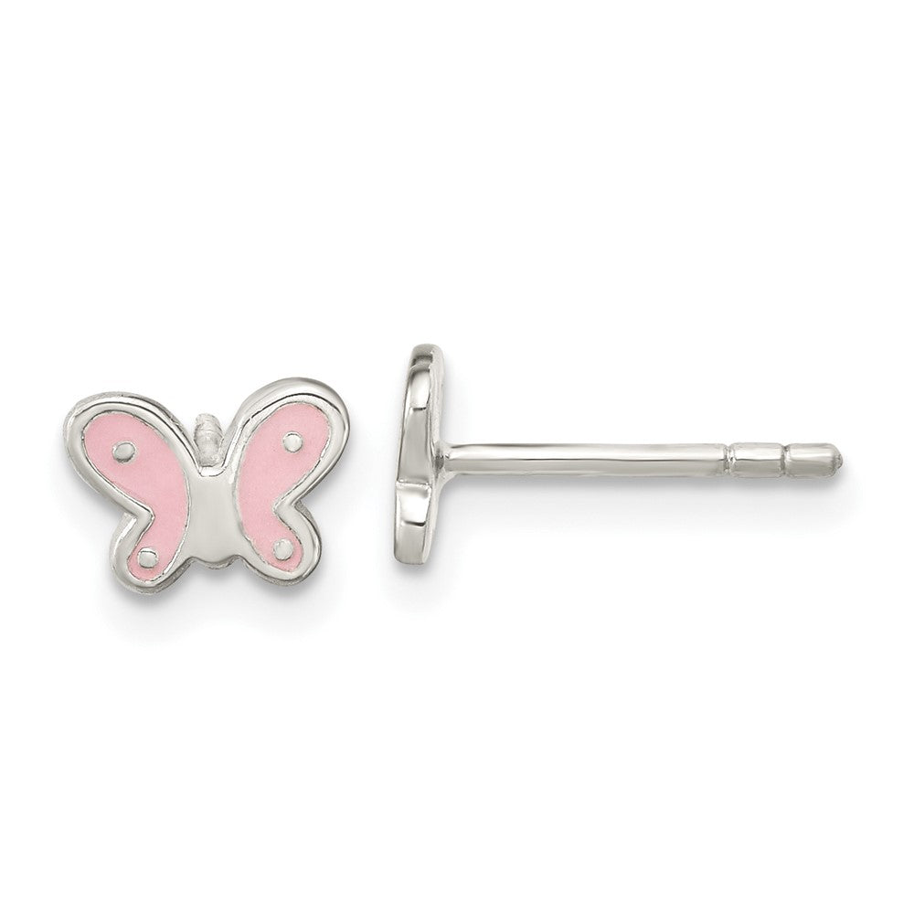 Sterling Silver RH-pltd Polish Pink Enamel Butterfly Childs Post Earrings (0.8 grams)