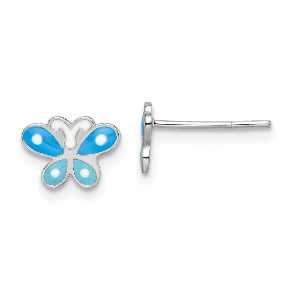 Sterling Silver RH-plated Blue Enameled Butterfly Children's Post Earrings (0.55 grams)