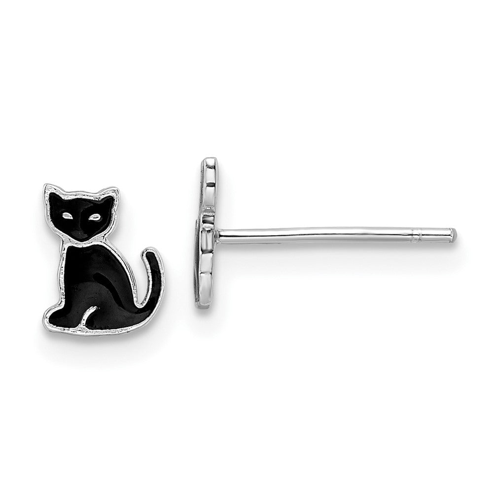 Sterling Silver RH-plated Polished Black Enameled Cat Post Earrings (0.52 grams)