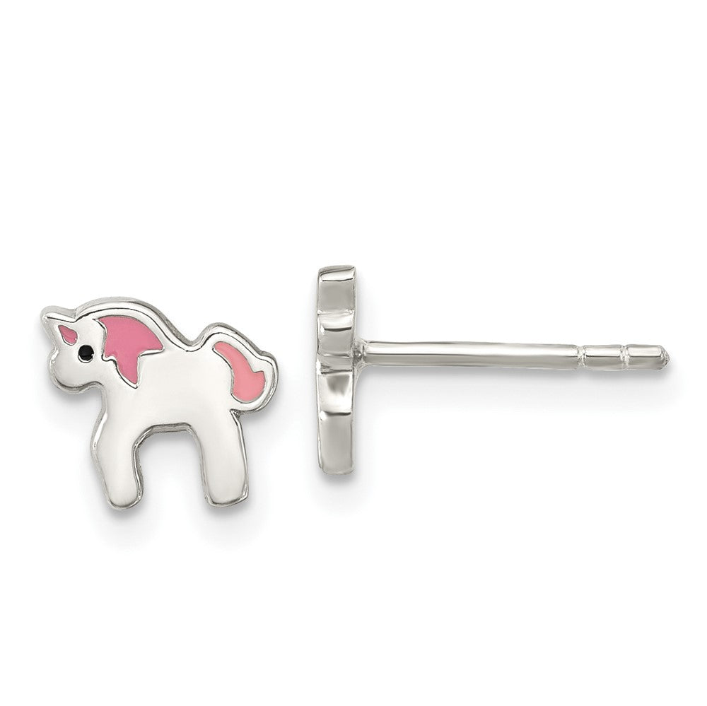 Sterling Silver Rhod-pltd Multicolor Enamel Unicorn Childs Post Earrings (1.15 grams)