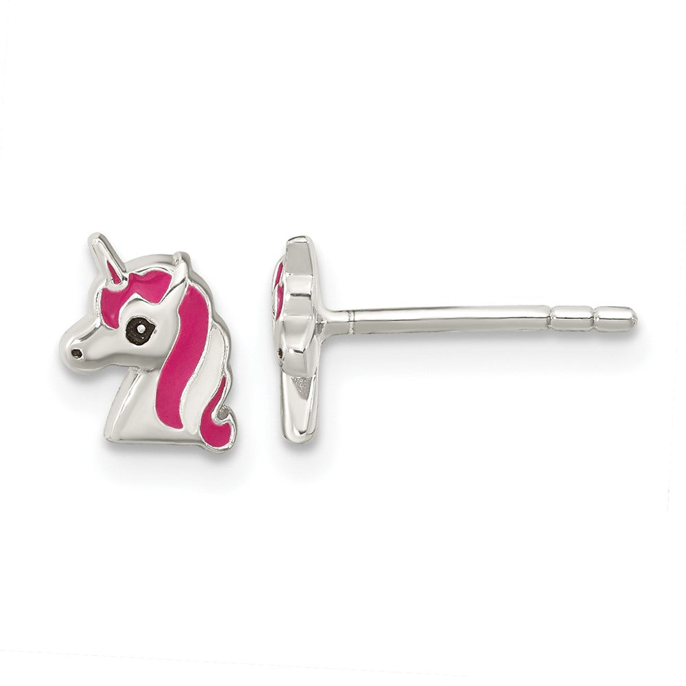 Sterling Silver Rhod-pltd Pink Enamel Unicorn Head Childs Post Earrings (1 grams)