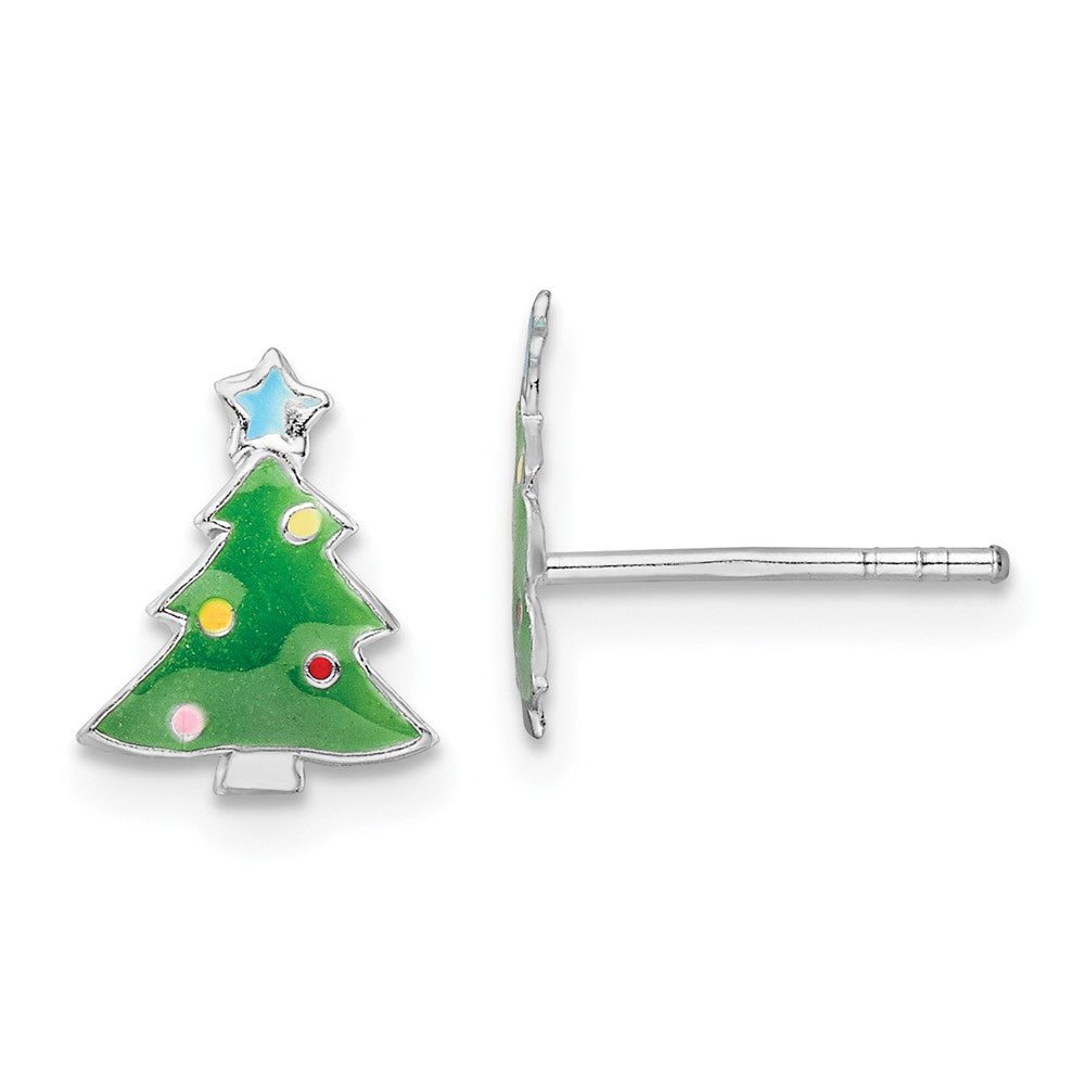 Sterling Silver RH-plated Enamel Kids Christmas Tree Post Earrings (0.48 grams)