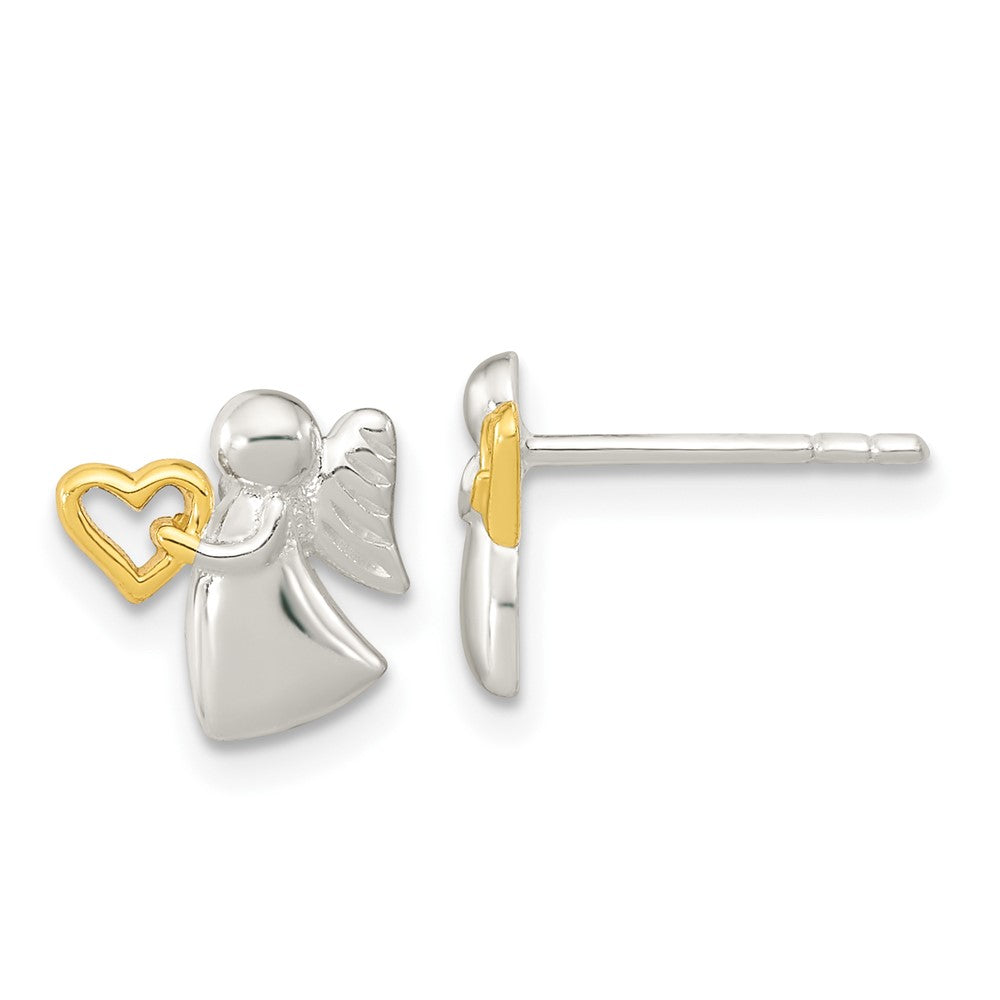 Sterling Silver Angel Gold Tone Heart Polished Post Earrings (1.35 grams)