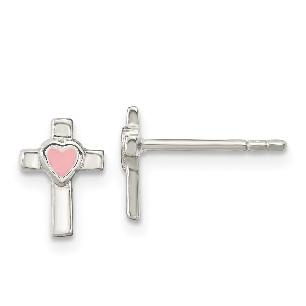 Sterling Silver Rhodium-plated Cross Pink Enamel Heart Post Earrings (0.78 grams)