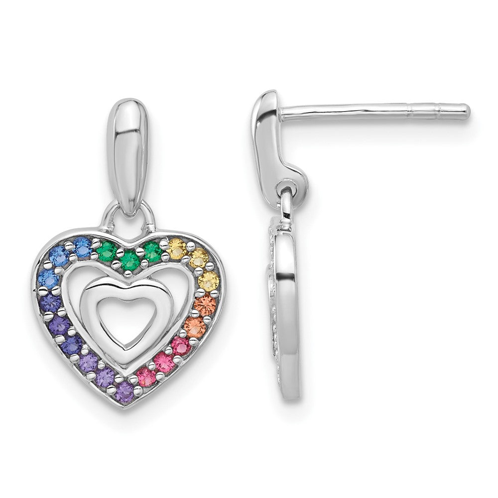 Sterling Silver RH-pltd Multicolor Crystal Heart Children's Dangle Earrings (2.2 grams)