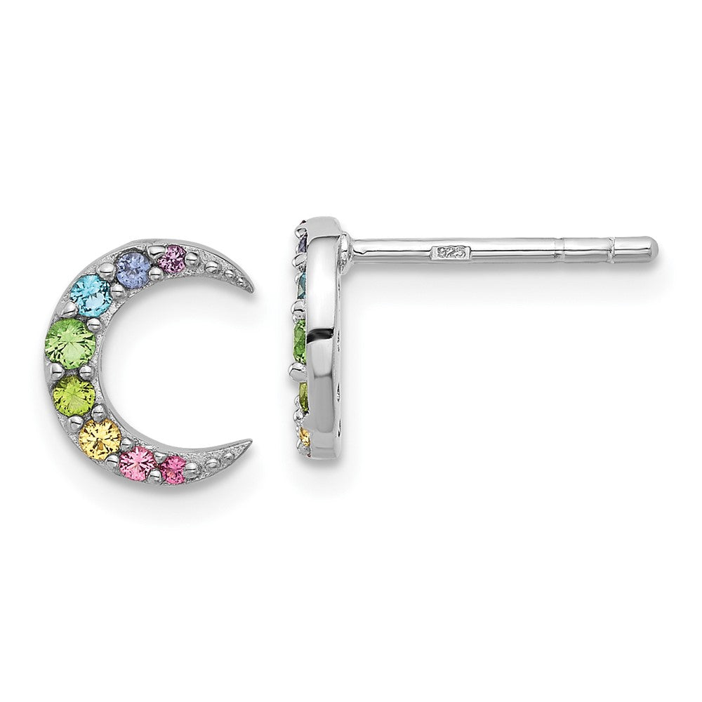 Sterling Silver Rhod-plated Rainbow Crystal Moon Children's Post Earrings (0.86 grams)