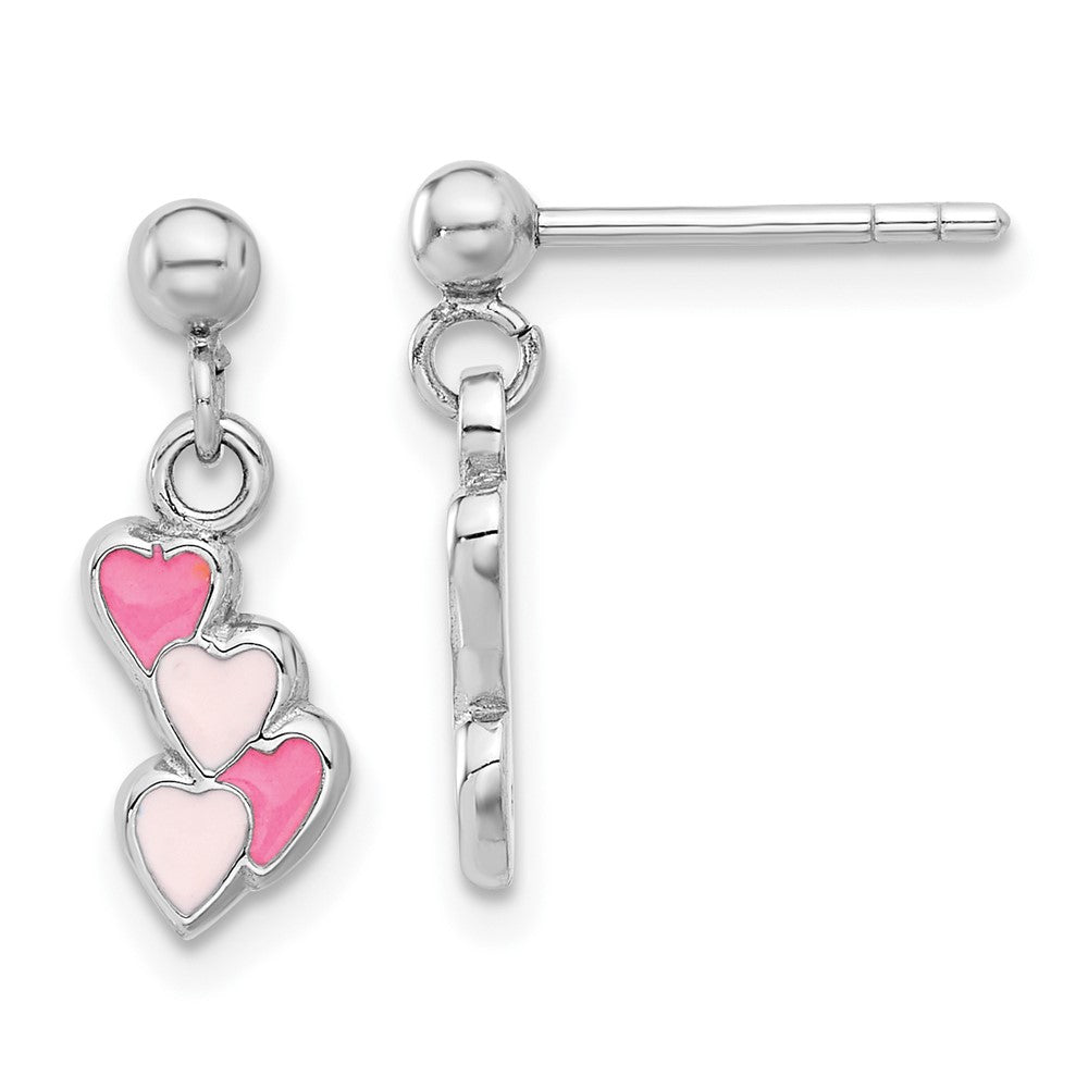 Sterling Silver Rhodium-plated Pink Enameled Hearts Post Dangle Earrings (1.3 grams)