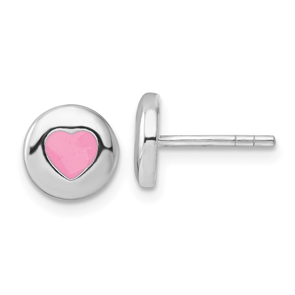 Sterling Silver Rhodium-plated Pink Enameled Heart Circle Post Earrings (1.56 grams)